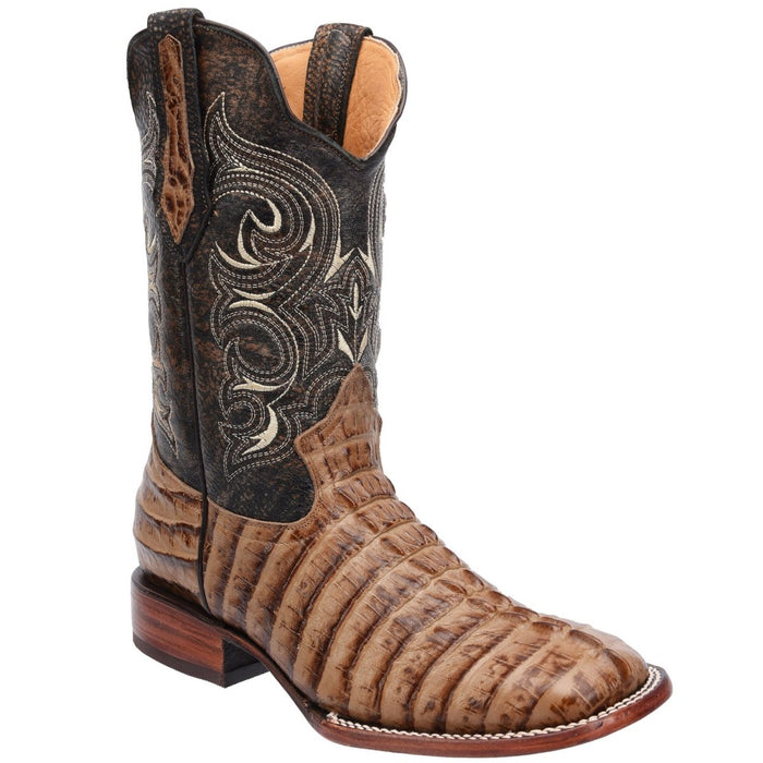 Men's Caiman Tail Print Leather Square Toe Boots - Oryx