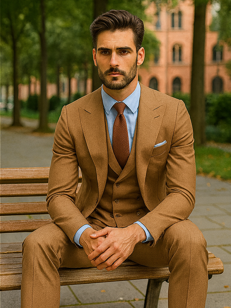 Camel Brown 3-Piece Suit with Vest & Chain