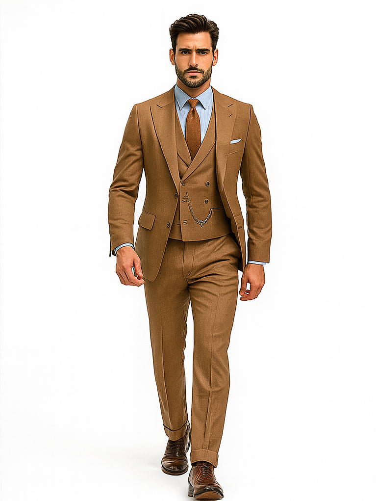 Camel Brown 3-Piece Suit with Vest & Chain