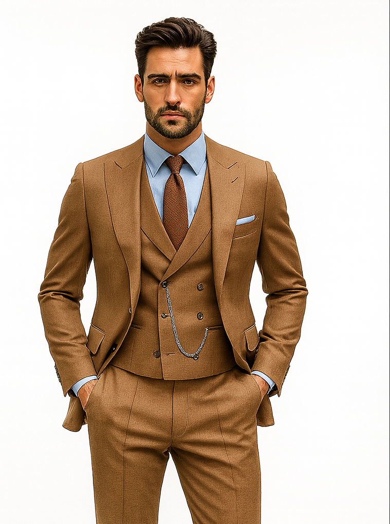 Camel Brown 3-Piece Suit with Vest & Chain