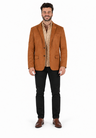 Men’s Camel Faux Suede Double Button Blazer – Stylish Casual Sport Coat
