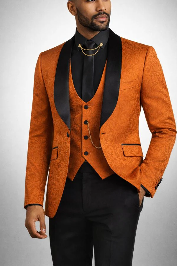 Men’s Designer Burnt Orange Floral Brocade Slim Fit Formal Tuxedo