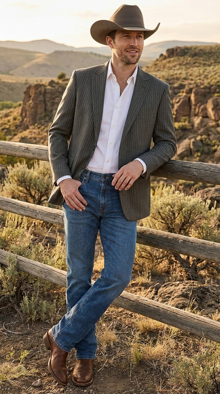 Mens Charcoal Gray Pinstripe Western Blazer – Classic Cowboy Style Jacket for Business, Formal and Smart Casual Wear