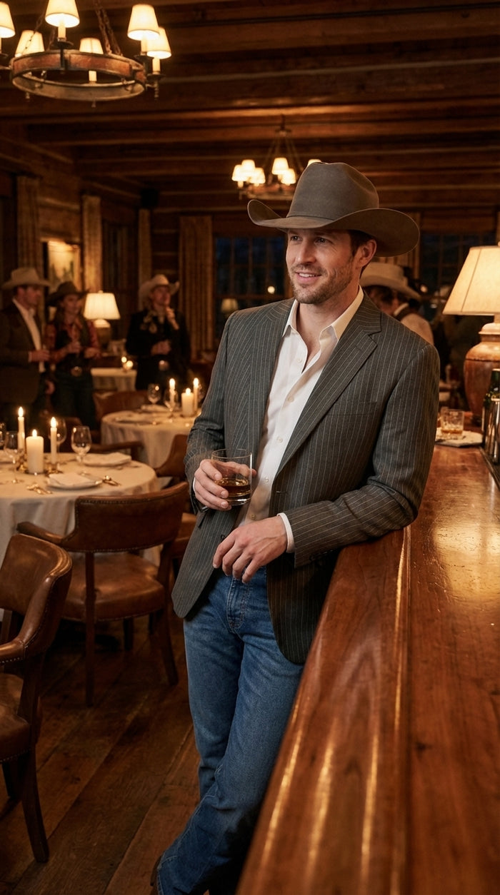 Mens Charcoal Gray Pinstripe Western Blazer – Classic Cowboy Style Jacket for Business, Formal and Smart Casual Wear