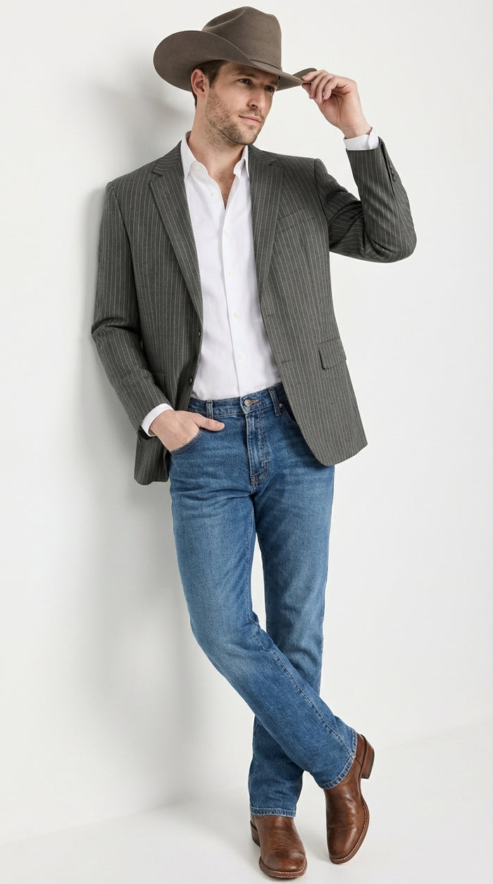 Mens Charcoal Gray Pinstripe Western Blazer – Classic Cowboy Style Jacket for Business, Formal and Smart Casual Wear
