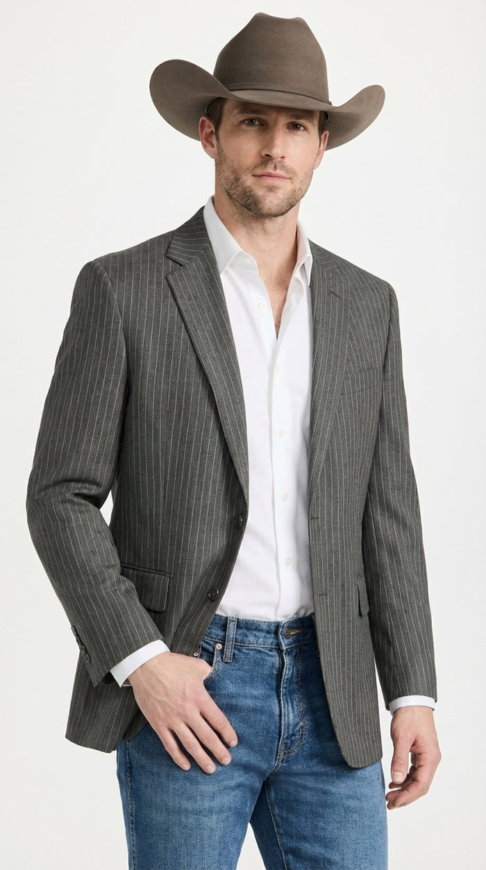 Mens Charcoal Gray Pinstripe Western Blazer – Classic Cowboy Style Jacket for Business, Formal and Smart Casual Wear