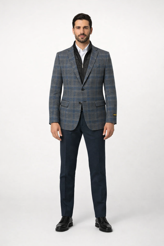 Mens Charcoal Grey and Blue Checkered Wool Blazer Glen Plaid Checkered Windowpane Pattern with Quilted Inner Layer Removable Vest