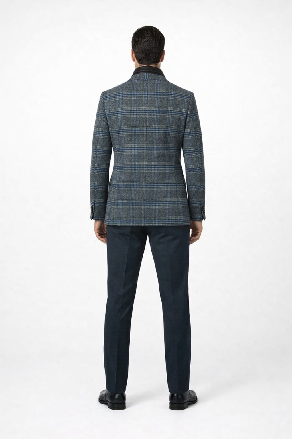 Mens Charcoal Grey and Blue Checkered Wool Blazer Glen Plaid Checkered Windowpane Pattern with Quilted Inner Layer Removable Vest