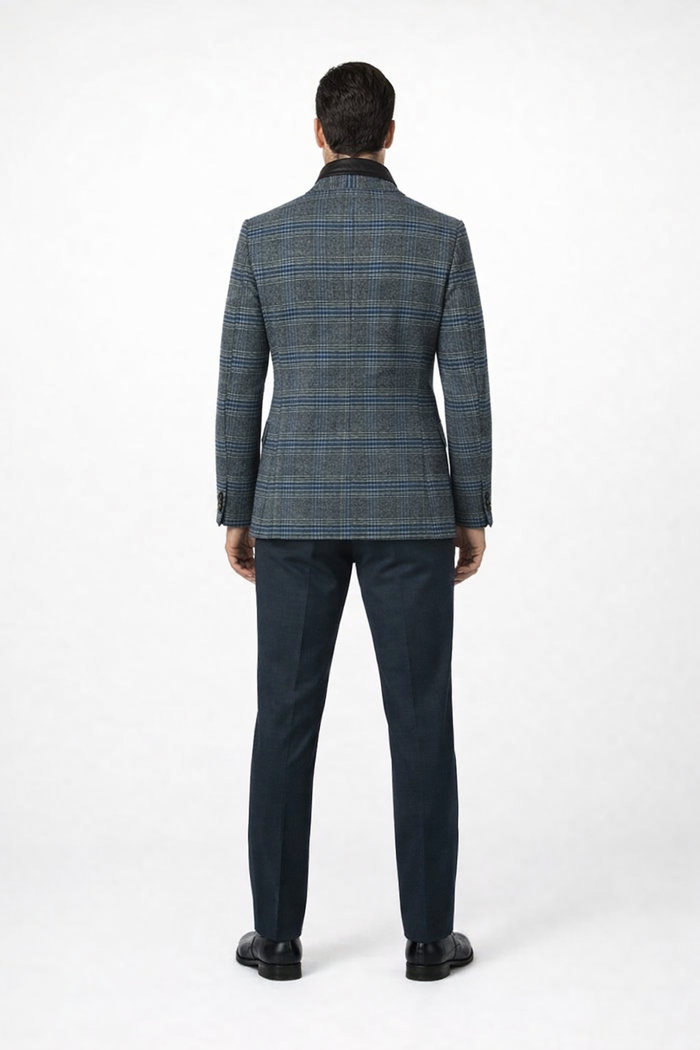 Mens Charcoal Grey and Blue Checkered Wool Blazer Glen Plaid Checkered Windowpane Pattern with Quilted Inner Layer Removable Vest