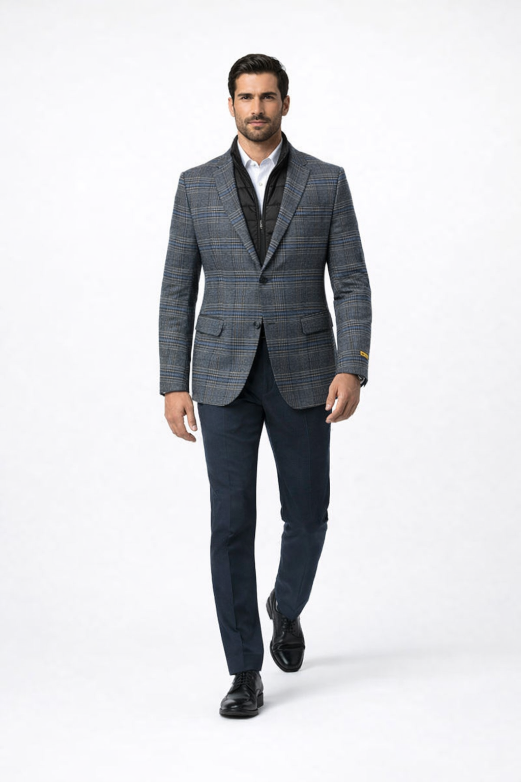 Mens Charcoal Grey and Blue Checkered Wool Blazer Glen Plaid Checkered Windowpane Pattern with Quilted Inner Layer Removable Vest