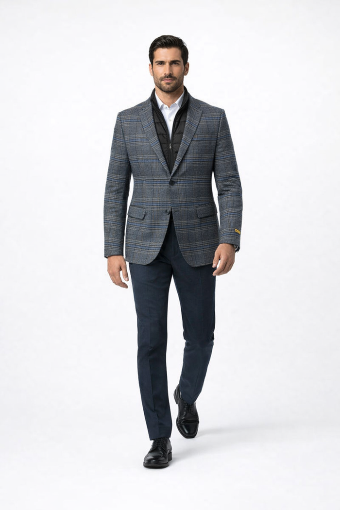 Mens Charcoal Grey and Blue Checkered Wool Blazer Glen Plaid Checkered Windowpane Pattern with Quilted Inner Layer Removable Vest