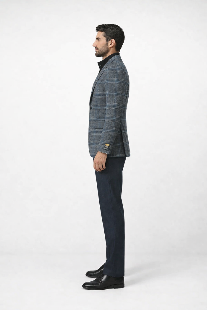 Mens Charcoal Grey and Blue Checkered Wool Blazer Glen Plaid Checkered Windowpane Pattern with Quilted Inner Layer Removable Vest
