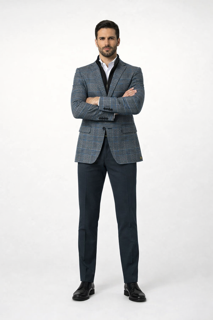 Mens Charcoal Grey and Blue Checkered Wool Blazer Glen Plaid Checkered Windowpane Pattern with Quilted Inner Layer Removable Vest