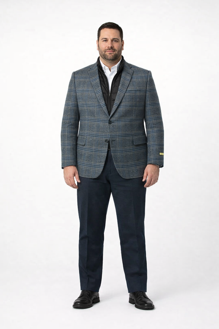 Mens Charcoal Grey and Blue Checkered Wool Blazer Glen Plaid Checkered Windowpane Pattern with Quilted Inner Layer Removable Vest