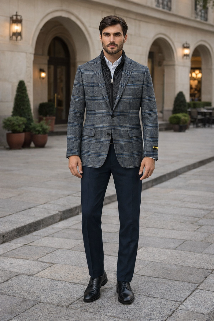 Mens Charcoal Grey and Blue Checkered Wool Blazer Glen Plaid Checkered Windowpane Pattern with Quilted Inner Layer Removable Vest