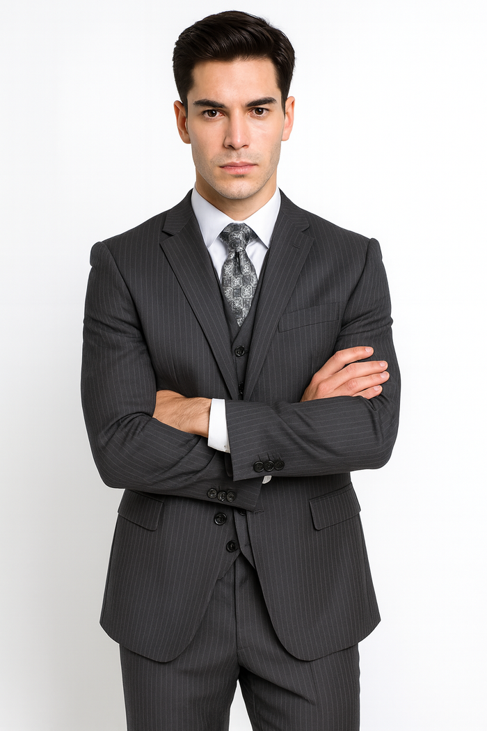 Men's Charcoal Pinstripe 3 Piece 2 Button Italian Designer Suit Flat Front No Pleated Pants - Three Piece Suit