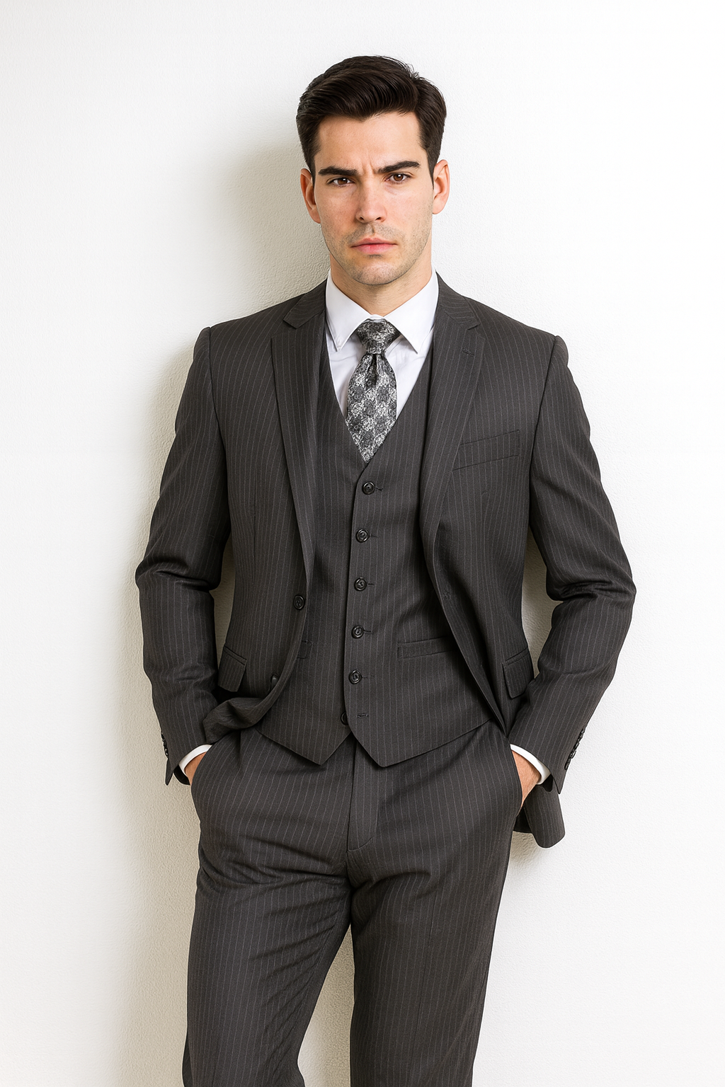 Men's Charcoal Pinstripe 3 Piece 2 Button Italian Designer Suit Flat F