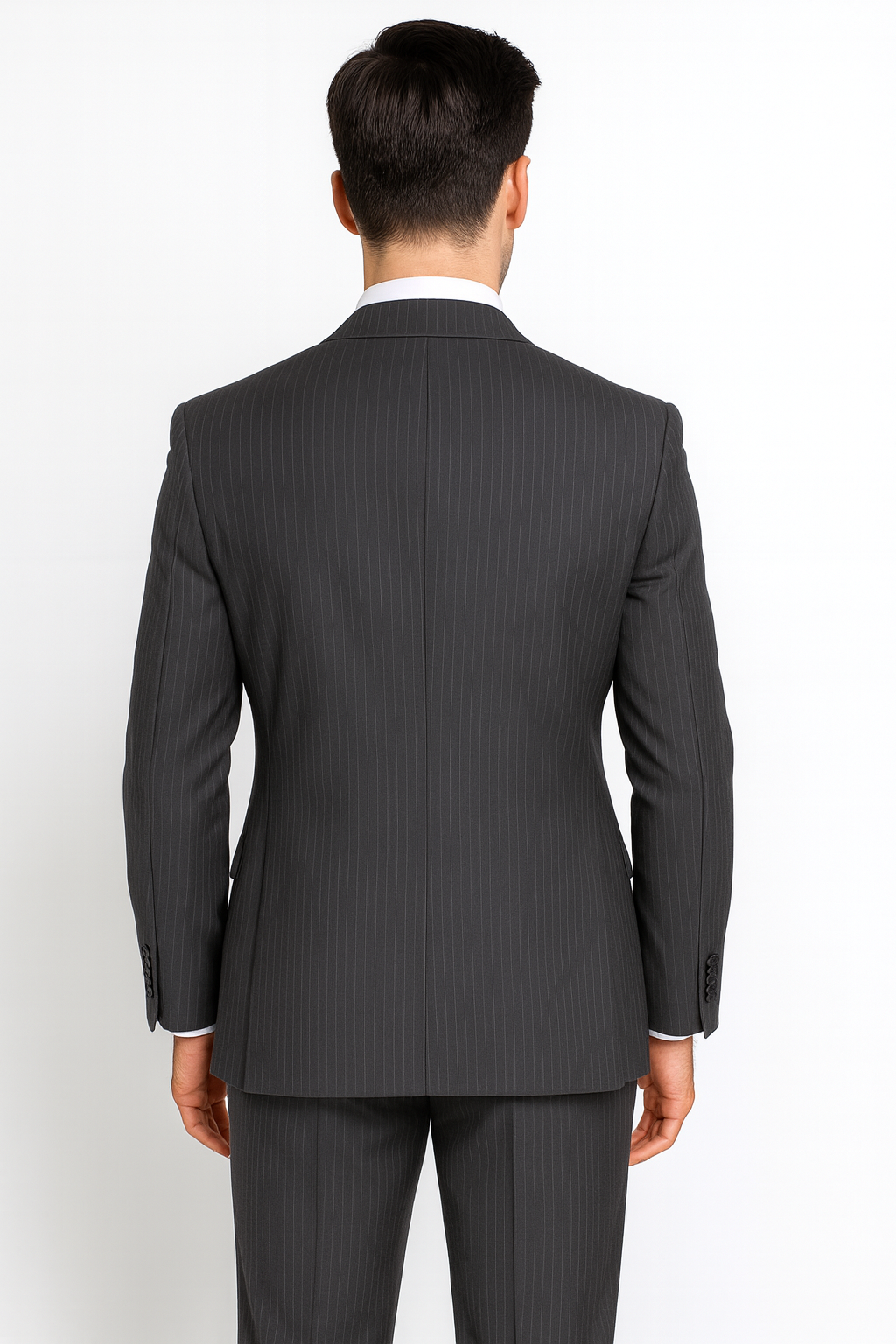 Men's Charcoal Pinstripe 3 Piece 2 Button Italian Designer Suit Flat Front No Pleated Pants - Three Piece Suit