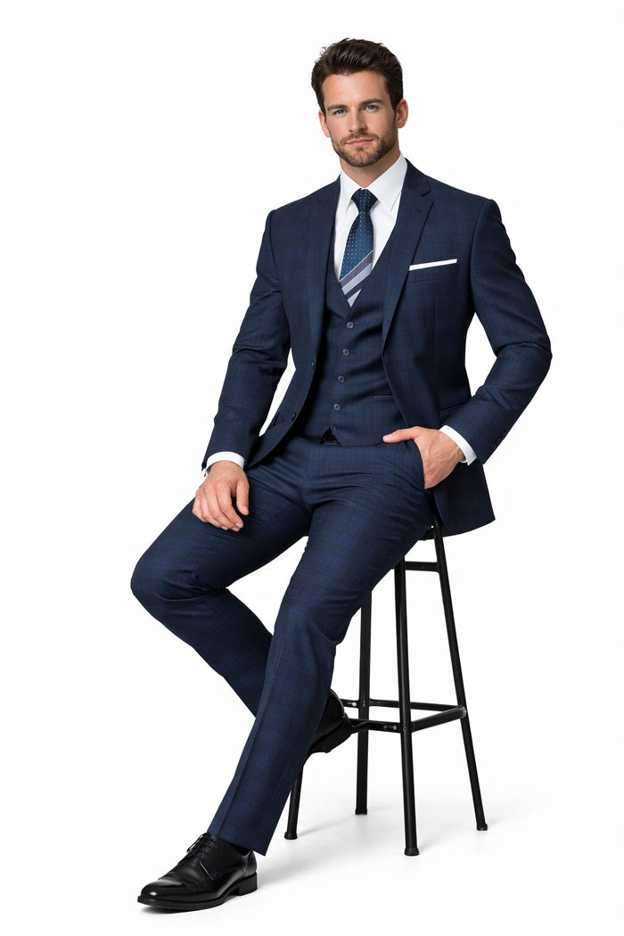 Men’s Navy Plaid Vested Suit – Classic Pattern 3-Piece Formal Ensemble