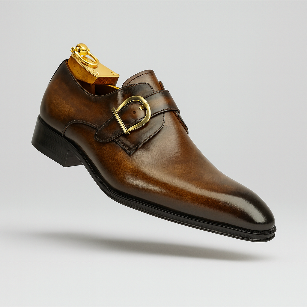 Mens Carrucci Classic Leather Fade Single D-Buckle Monk Strap Dress Shoe in Chestnut