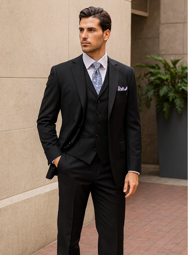 Classic 3-Button Vested Suit - Black
