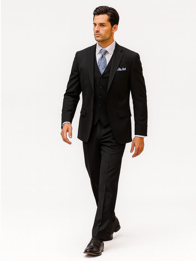 Classic 3-Button Vested Suit - Black
