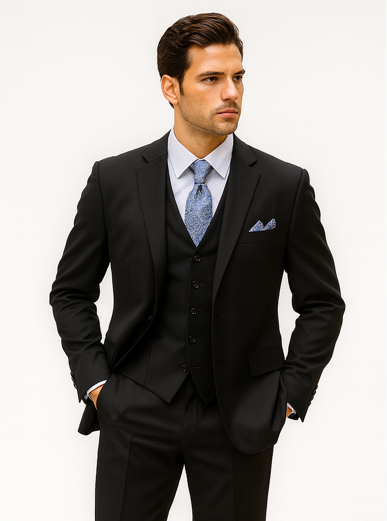 Classic 3-Button Vested Suit - Black