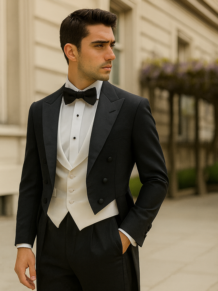 Men's Classic Black Tail Tuxedo & White Vest