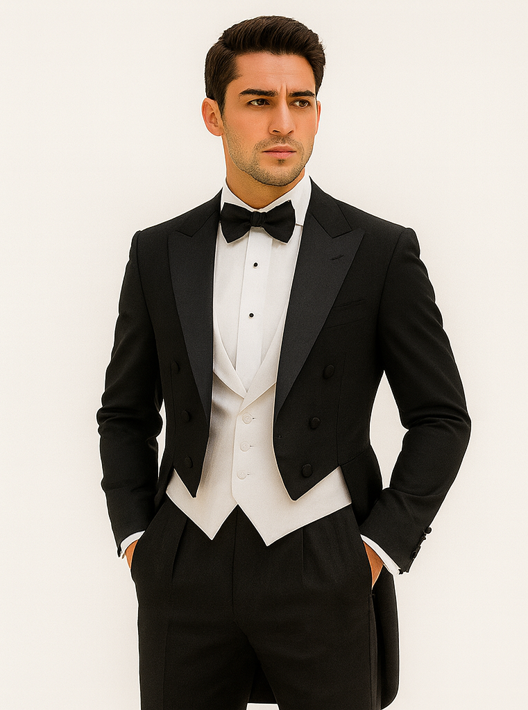 Men's Classic Black Tail Tuxedo & White Vest