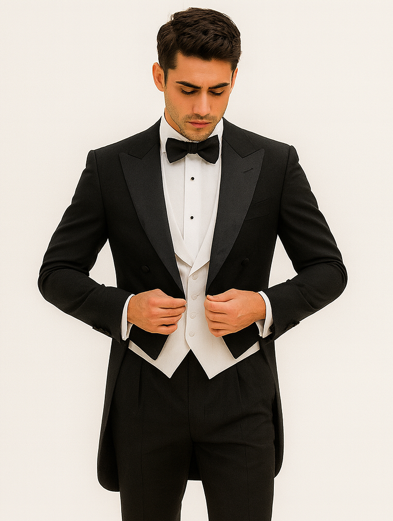 Men's Classic Black Tail Tuxedo & White Vest