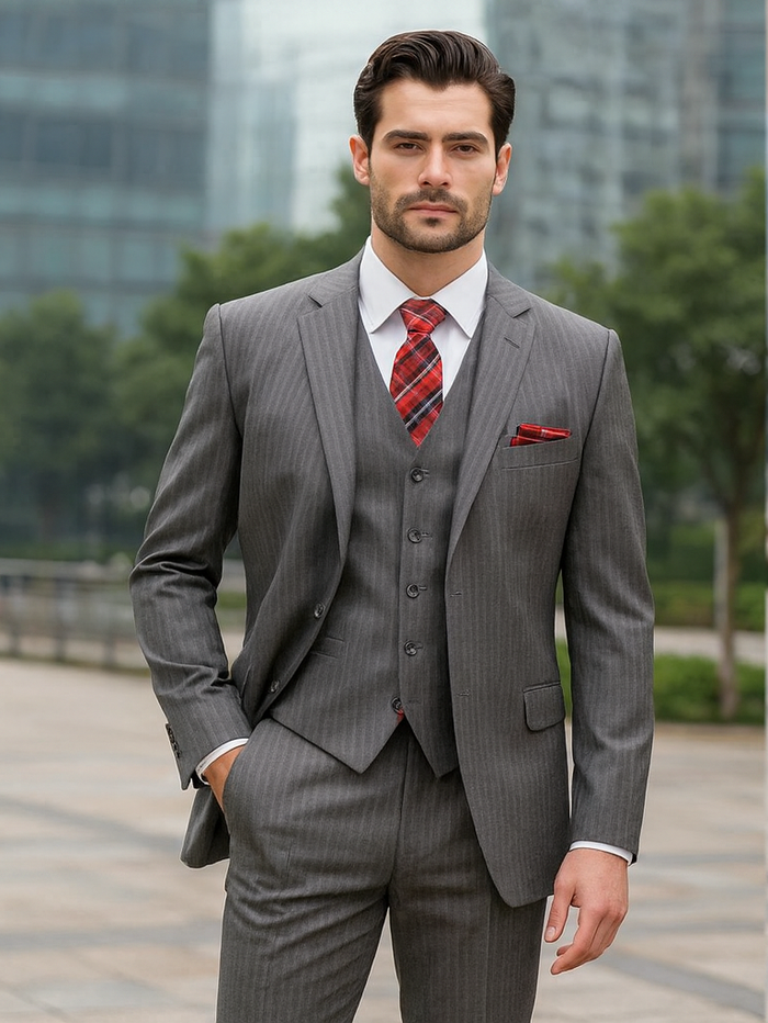 Medium Grey Men's Classic Vested Pinstripe Suit