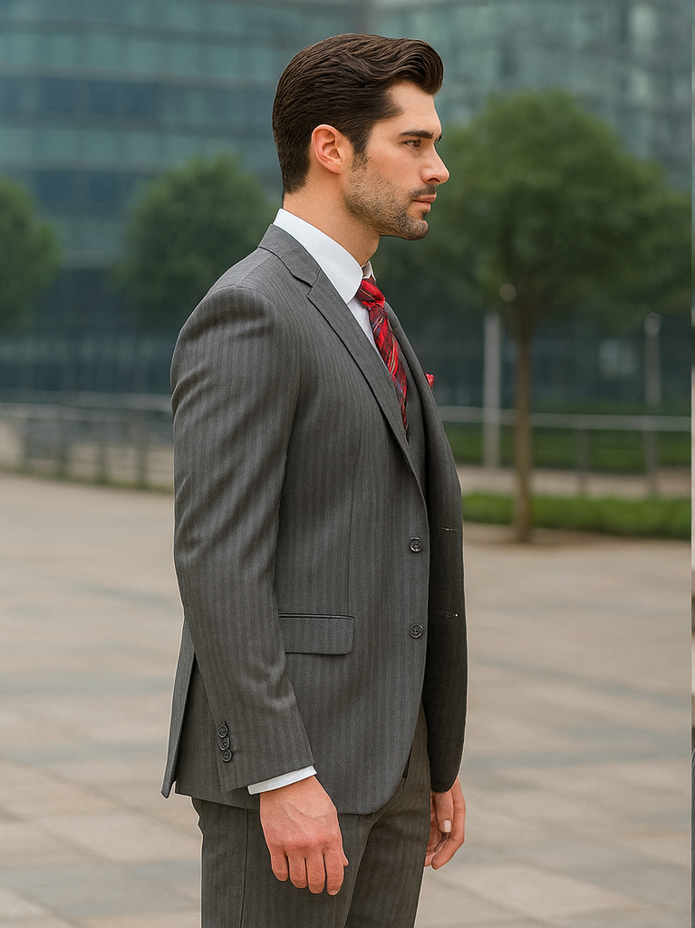 Medium Grey Men's Classic Vested Pinstripe Suit