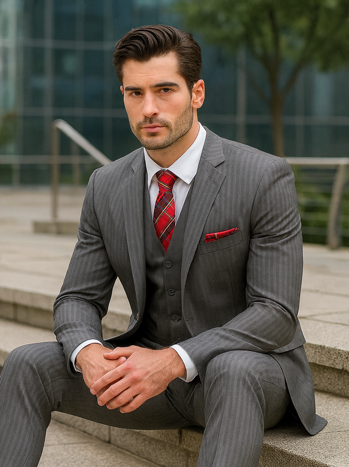 Medium Grey Men's Classic Vested Pinstripe Suit