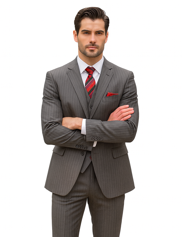Medium Grey Men's Classic Vested Pinstripe Suit