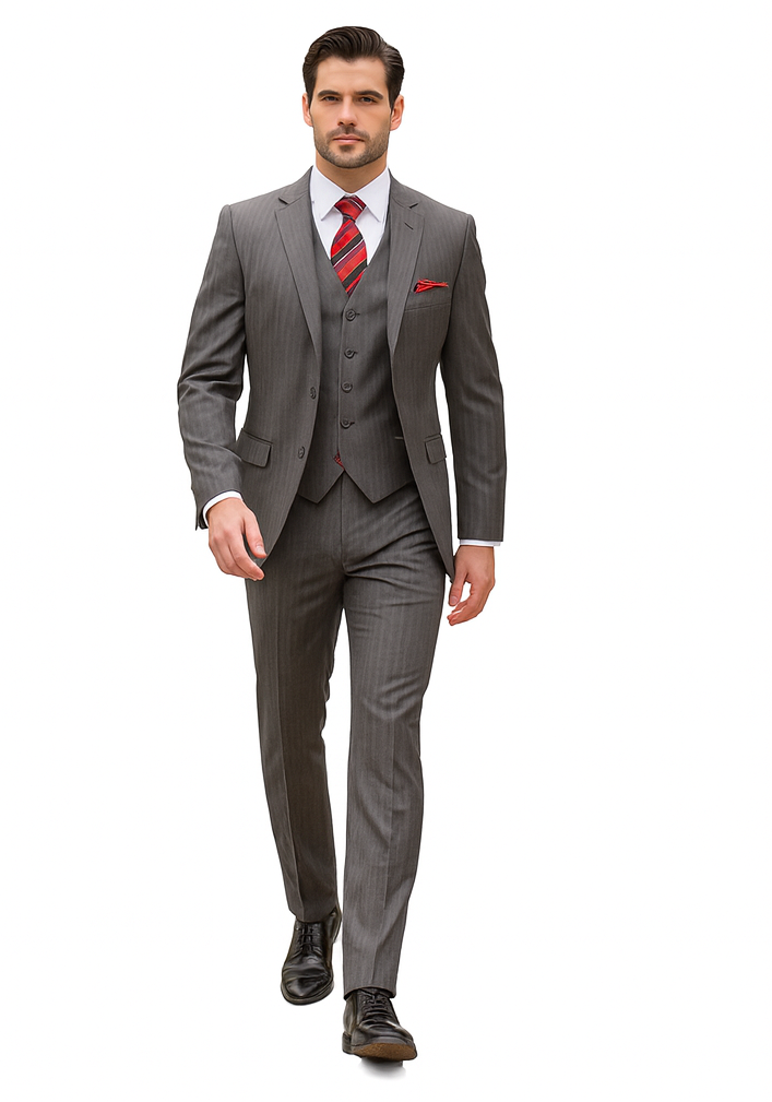 Medium Grey Men's Classic Vested Pinstripe Suit