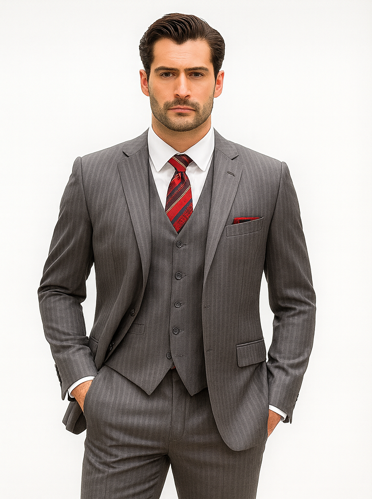 Medium Grey Men's Classic Vested Pinstripe Suit