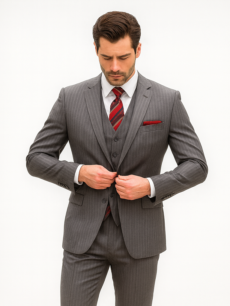 Medium Grey Men's Classic Vested Pinstripe Suit