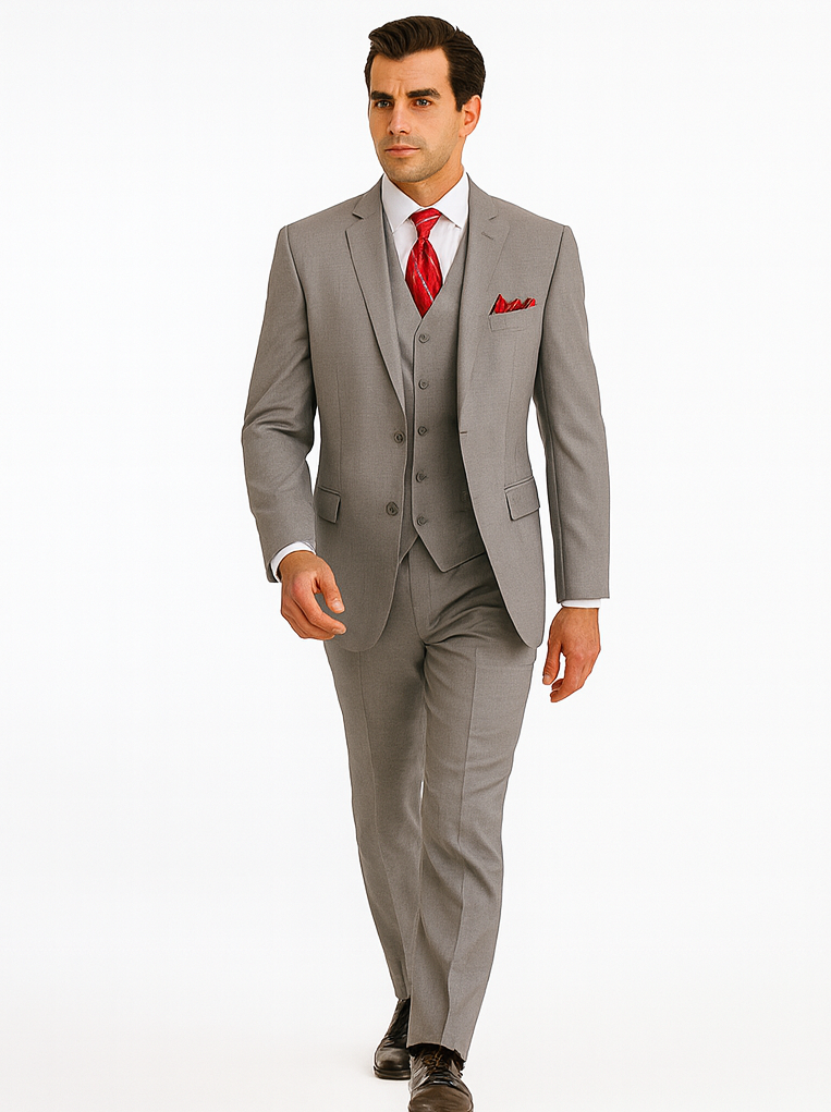 Grey Sharkskin Classic Vested Suit for Men