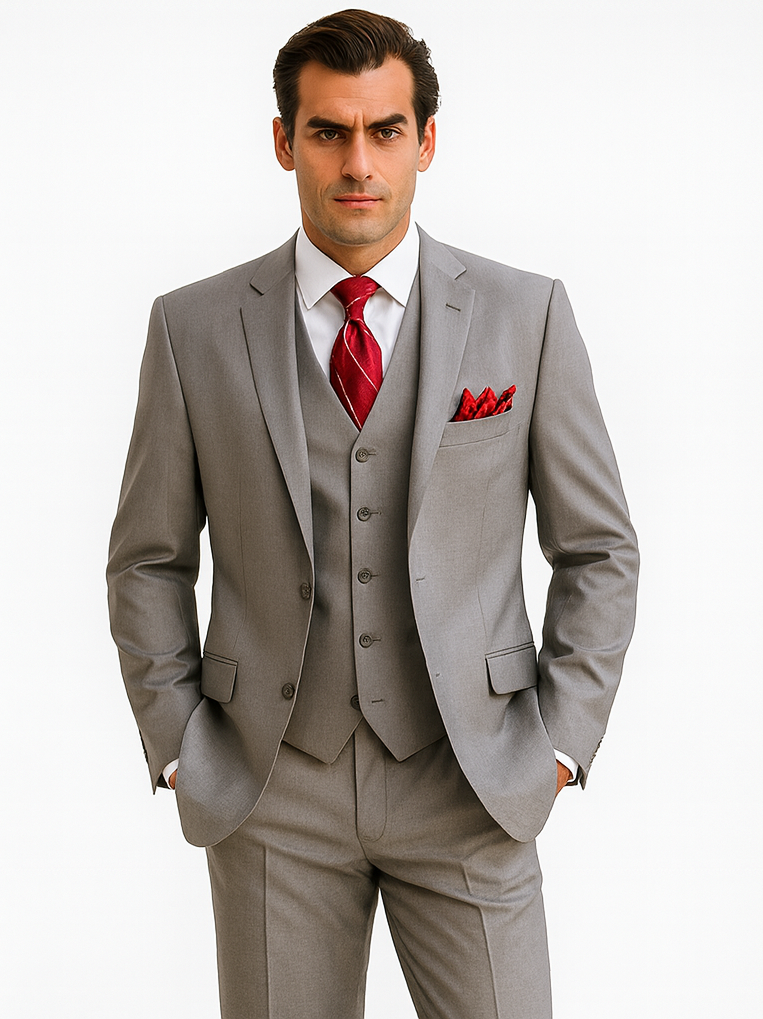 Grey Sharkskin Classic Vested Suit for Men