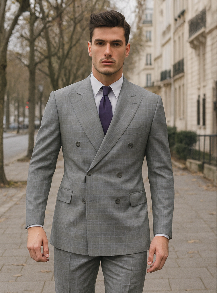 Double Breasted Glen Plaid Suit, Grey