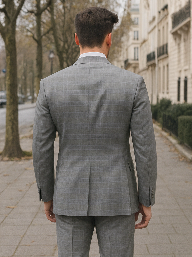 Double Breasted Glen Plaid Suit, Grey