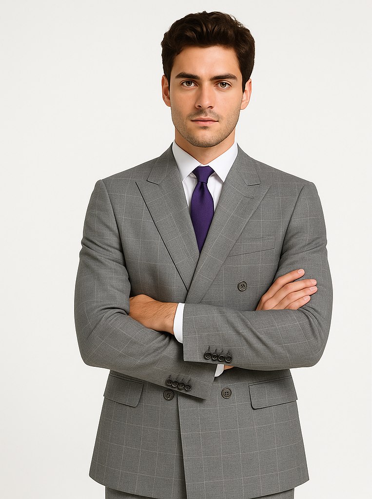 Double Breasted Glen Plaid Suit, Grey