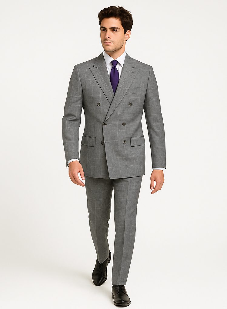 Double Breasted Glen Plaid Suit, Grey