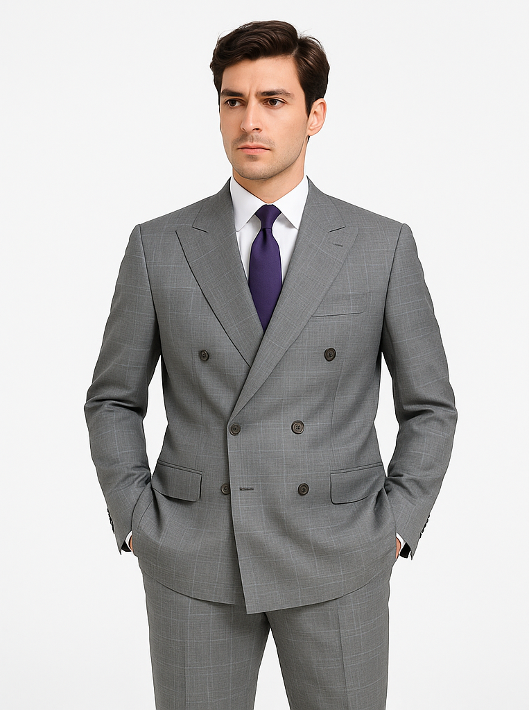 Double Breasted Glen Plaid Suit, Grey