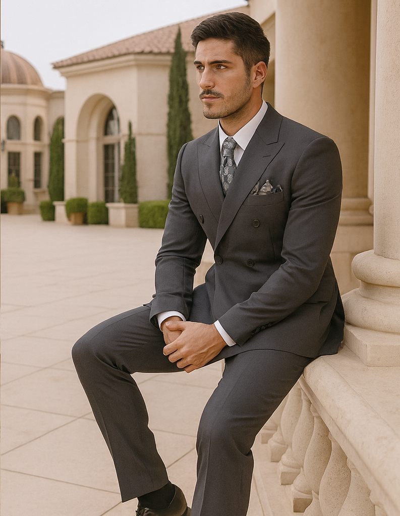 Mens Heather Grey Double Breasted Wool Feel Suit