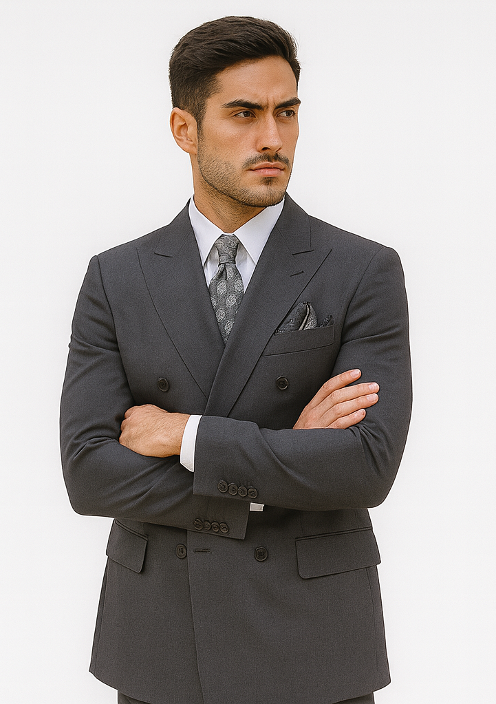 Mens Heather Grey Double Breasted Wool Feel Suit