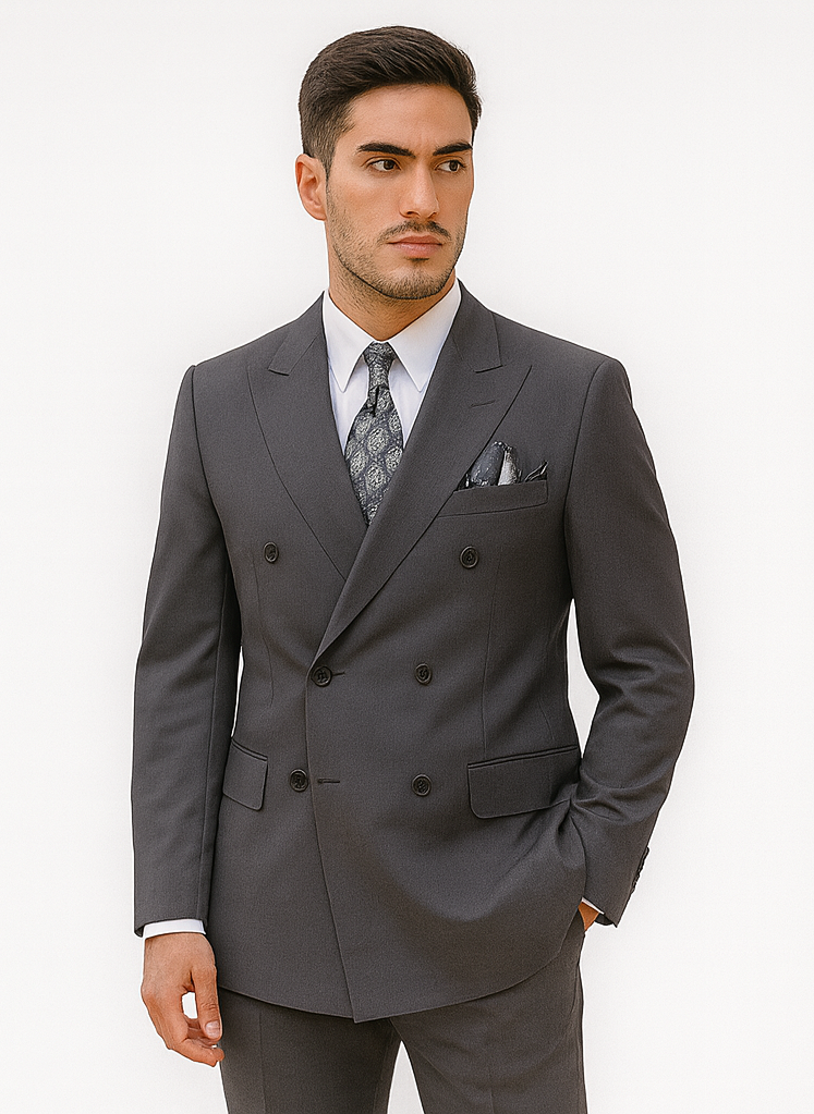 Mens Heather Grey Double Breasted Wool Feel Suit