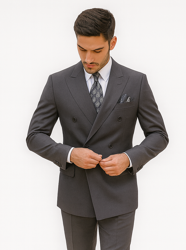 Mens Heather Grey Double Breasted Wool Feel Suit