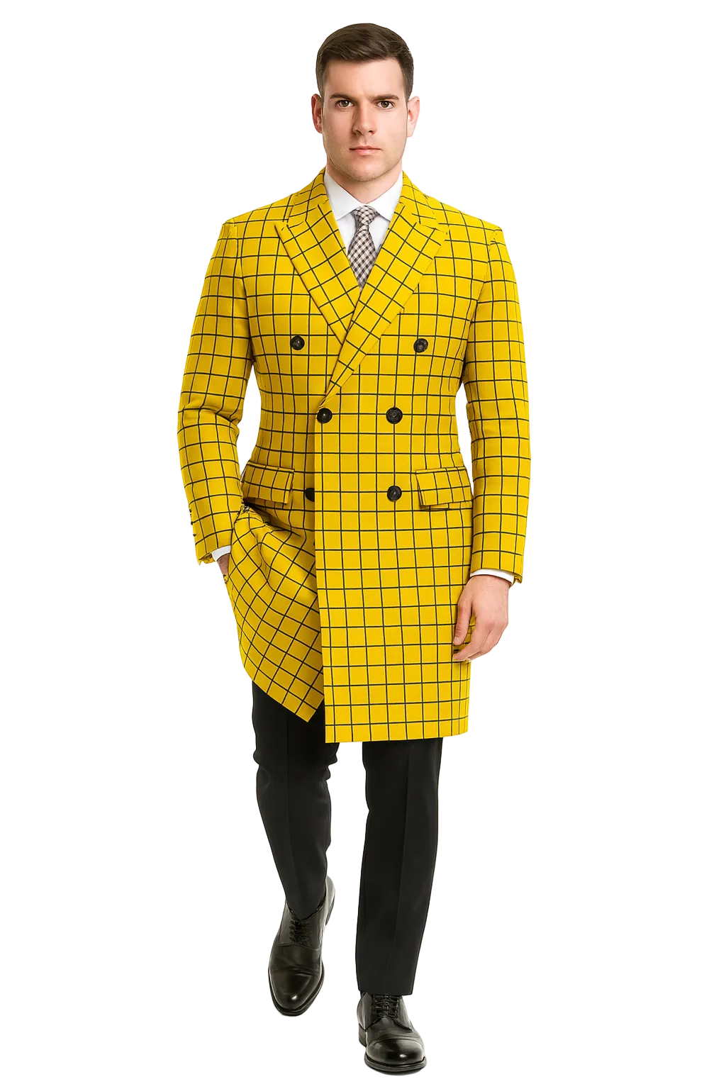 Men's Plaid Wool Peacoat in Yellow