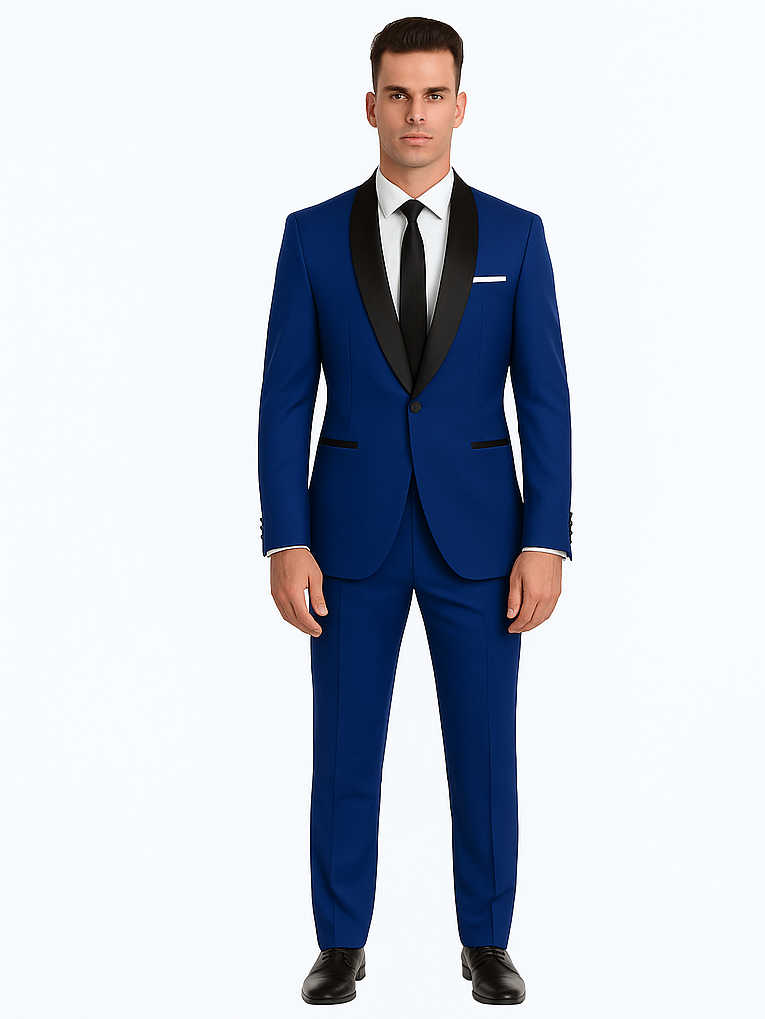 Men's Cobalt Blue ~ Indigo ~ Bright Blue ~ Teal ( Light Dark Navy ) With Black Lapel Shawl lapel 1 Single Button Tuxedo Suit